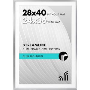 Americanflat 28x40 Poster Frame with Polished Plexiglass - Use as 24x36 Frame with Mat or Display 28x40 Photo Without Mat - Streamline Collection - Thin Border Picture Frames for Wall - Silver