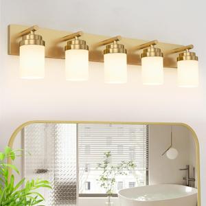 IZORRO Bathroom Vanity Light Fixture, 5-Light 36 Inch Gold Bathroom Light Fixtures Over Mirror, with White Glass Shade, Modern Farmhouse Vanity Lights, Rustic Restroom Lighting Fixtures