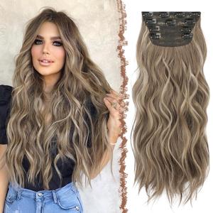 FESHFEN Clip in Hair Extensions - 4 PCS Long Wavy Thick Highlighted Clip in Hairpieces Full Head Synthetic Hair Extension for Women, 20 Inch Brunette Mixed Ash Blonde