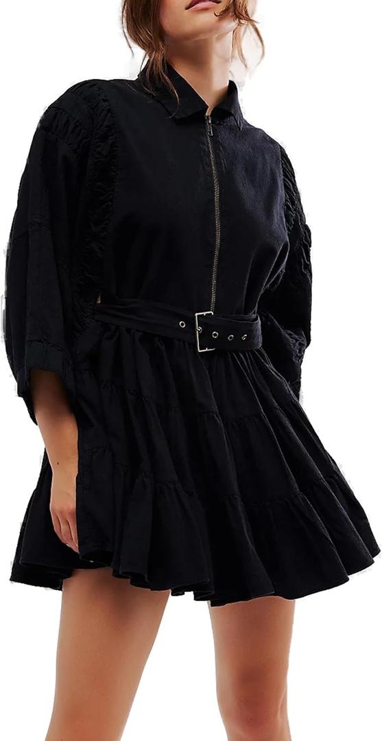 Womens Shirt Dress 3/4 Sleeve Ruffle Mini Dress Half Zipped V Neck Collared A Line Casual Dresses with Pockets Small