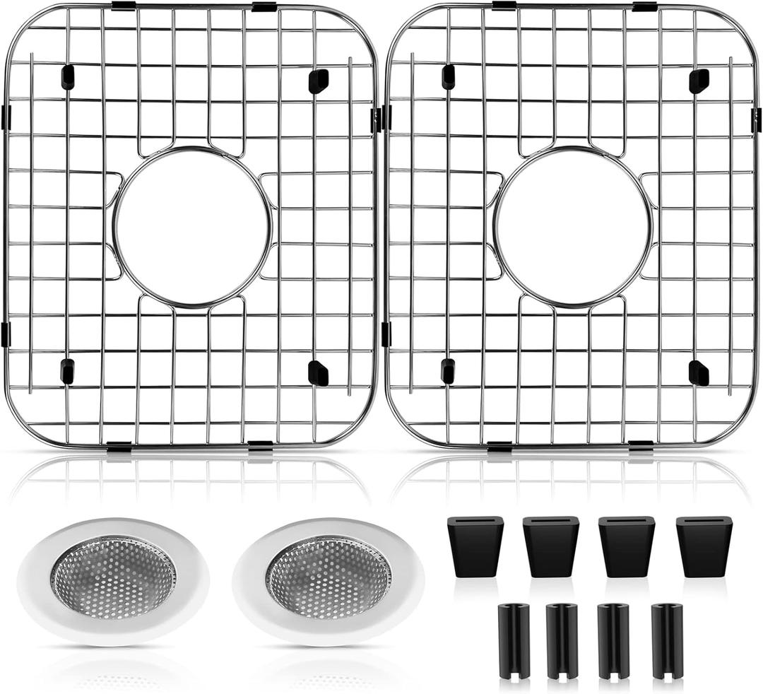 2 Pack Sink Protectors - 304 Stainless Steel Sink Grid Protection with Center Drain, 13.62"x11.5"x1.25"
