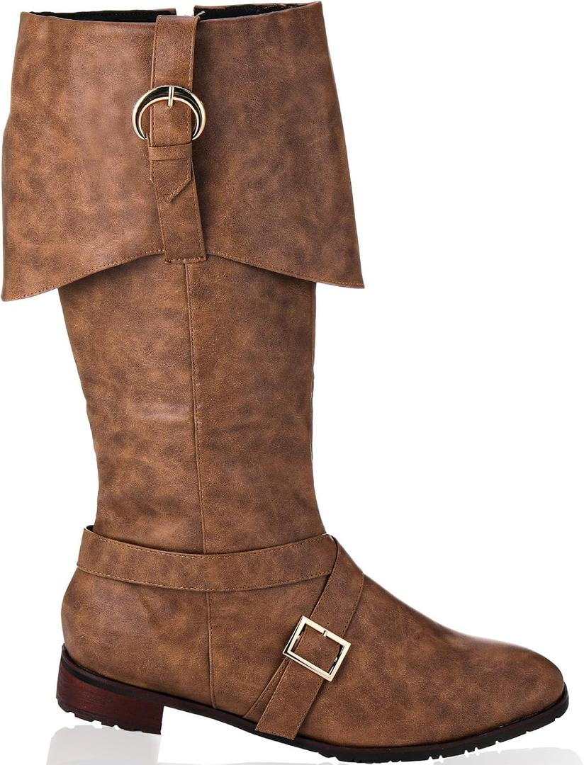 Jiuguva Pirate Boots Men Medieval Renaissance Boots Halloween Costume Caribbean Leather Long Shoes Women Riding Cosplay (13.5-14.5 Women/12-13 Men, Tan)
