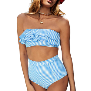 Saodimallsu Women High Waisted 2 Piece Bikini Set Bandeau Ruffle Swimsuit Top Striped Bathing Suits, Size L