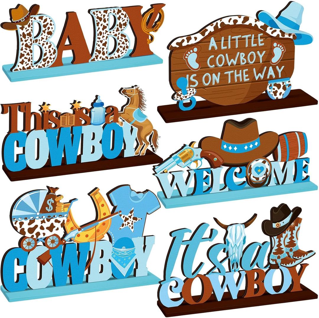 6 Pcs Cowboy Baby Shower Decorations Wooden Western Centerpieces for Tables with Base Little Cowboy Decorations Wild Western Party Decoration Table Topper Supplies for Rodeo Birthday Party