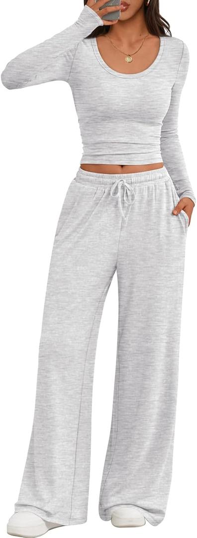 Trendy Queen Women 2 Piece Matching Lounge Sets Clothing Wide Leg Pants 2026 Y2K Sweatsuits Spring Travel Airport Outfit (Small, Oatmeal Grey)