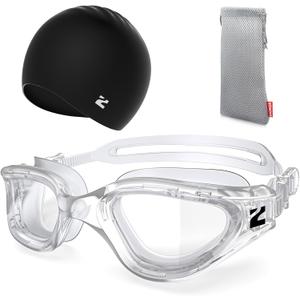 ZIONOR G1 Lite Swim Goggles with Swim Cap Comfortable Anti-fog Swimming Goggles Cap Set for Adult Men Women (One Size, A2(allclear+c5 Black))