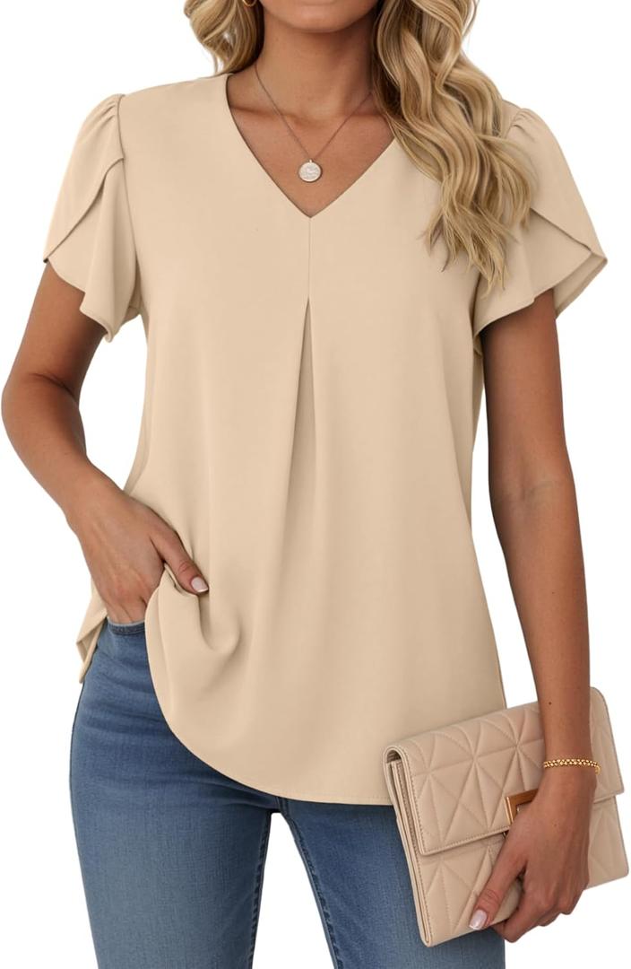 Lepunuo Womens Spring Tops Summer Dressy Casual V Neck Short Sleeve Blouses Flowy Shirts Business Work Tunic Tops 2XL