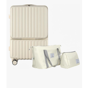 Front Pocket Luggage with Bag Set of 3, Carry-on with Spinner Wheels, Travel Case with Cup Holder and USB Port (White+Bag, Carry-On 20-Inch)