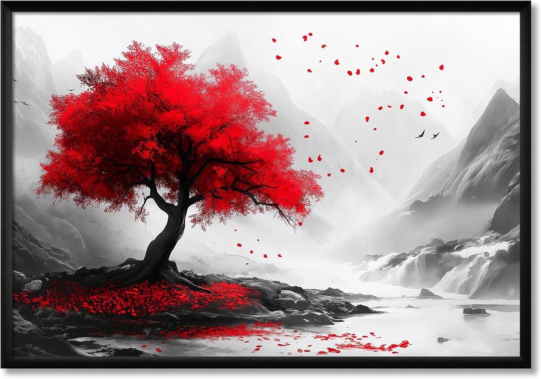 Black And White Red Tree Wall Art Modern Nature Landscape Painting Red Tree Poster Landscape Abstract Canvas Art Red Black And Gray Pictures Abstract Tree Prints Mountain Artwork 16x24inch No Frame (16L" x 24W")