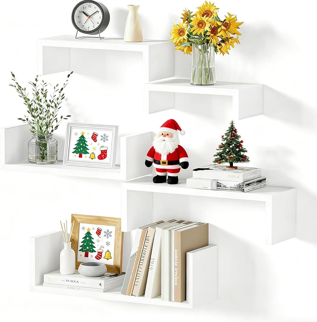 SRIWATANA Floating Shelves for Wall, Wall Shelves for Bathroom, Bedroom, Living Room, Kitchen, Office, Wood Shelves for Home Decor Set of 5 (Washed White)