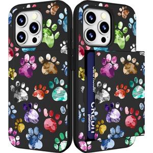 IWONE Compatible with iPhone 14 Promax Case Cute with Card Holder Slim Phone Pro Max Wallet Cover for Women/Colorful Doodle Paws Dog Craws Footprints Animal Watercolor