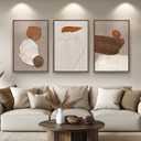 Large Framed Neutral Abstract Wall Art for Living Room, Set of 3 Rustic Beige Brown Canvas Prints Paintings Artwork for Walls, Minimalist Stone Pictures for Hallway Stair Office Wall Decor 24x36 Inch, 24" W x 36" H x 3Pcs