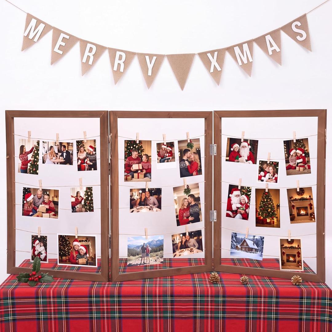 Cinnvoice 59.4x28 Photo Display Board with Clips, Wooden, 3 Panel