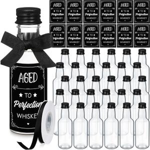 Jingmore 30 Pack 1.7oz Mini Liquor Bottles 50ml Plastic Alcohol Bottle with Cap, Labels, Ribbon for Party Supplies(Birthday, Black)