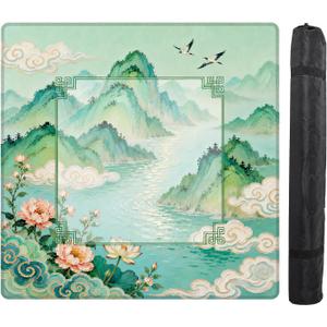 Teal Green Chinoiserie Landscape Mahjong Mats for Table