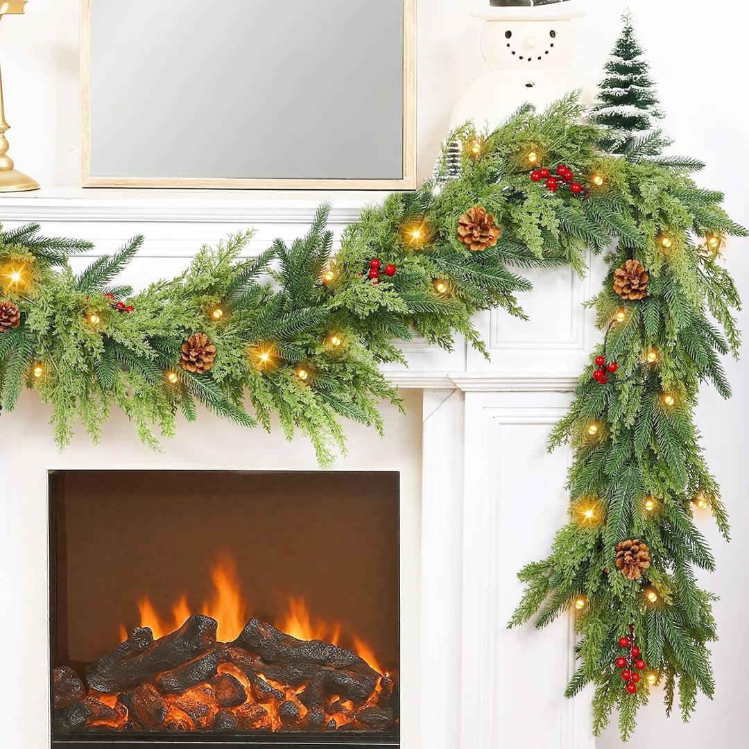 Thicker&Timer -6 Ft by 12 in Lighted Christmas Garland Real Touch Cedar Garland, Pre-Lit Lush Christmas Norfolk Pine Garlands Cypress Norfolk PE Tips Pine Cones Berries for Indoor Mantle Table Decor