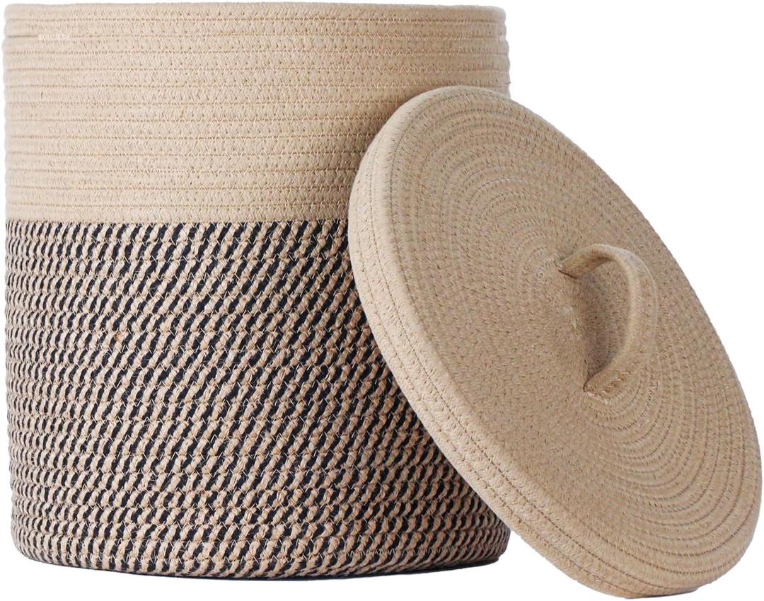 Yimi's Dream Cotton Rope Basket with Lid  Soft Storage Bin for Home Organization, Brown & BrownBlack Pattern, Sturdy, Lightweight & Stylish, 11.5 Round x 13.5 High