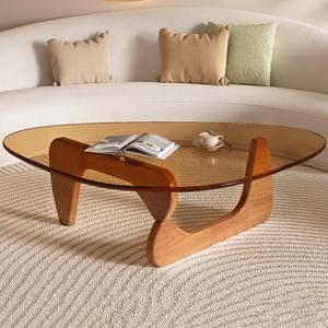 Mid Century Modern Coffee Table, Triangle Glass Coffee Table with Tempered Glass Top & Adjustable Natural Wood Base, End Tables Living Room, Small Table for Small Spaces (Walnut), 32.6 inches x 22.4 inches x 15.7 inches