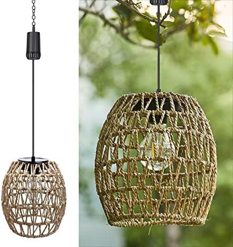 6 Hours Timer Battery Operated Outdoor Hanging Light Seagrass Woven Waterproof Porch Gazebo Patio Pendant Lantern Chandelier Lighting Decorative Hollow-Out Auto On/Off Warm White Bulb