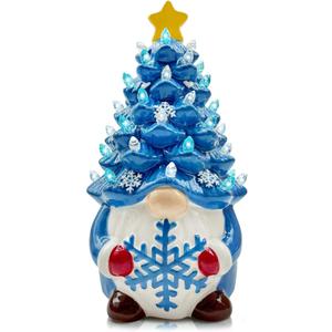 pinata Ceramic Christmas Tree, Christmas Gnomes Decorations for Table Indoor, Blue Gnome Lighted Ceramic Tree Decor (Large)