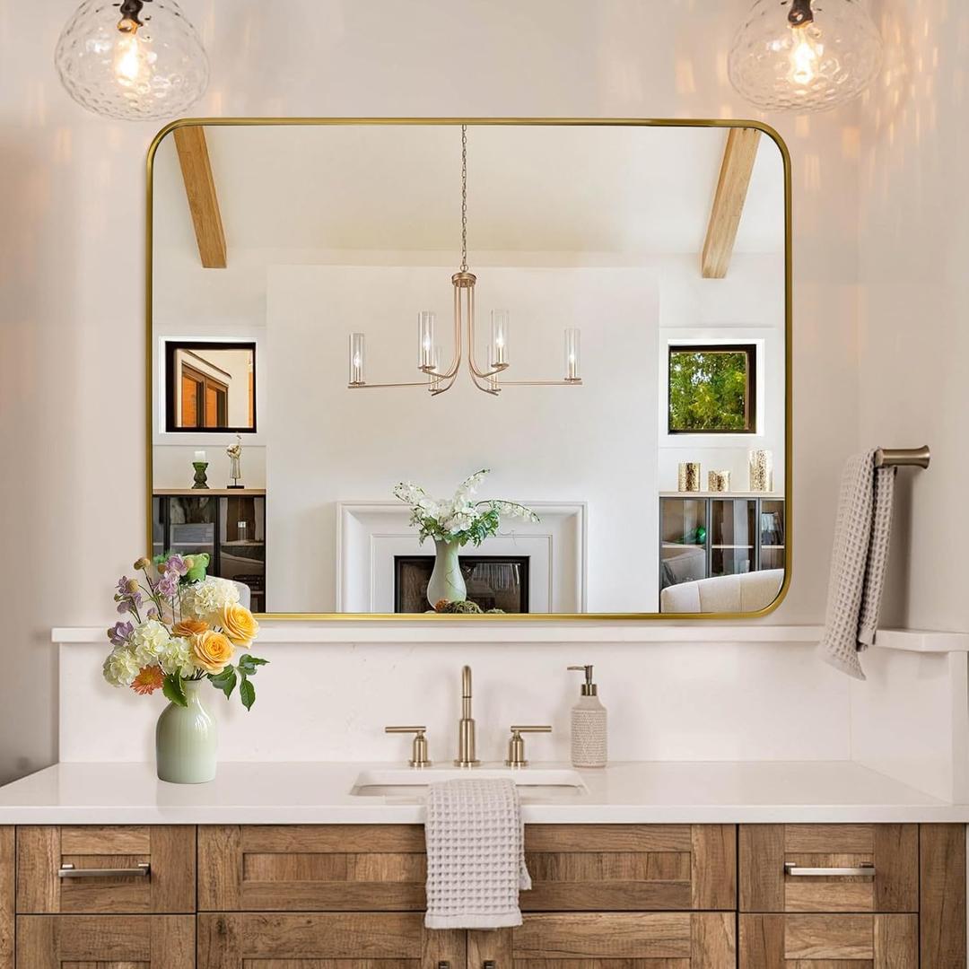 Gold Wall Mirror for Bathroom 28X36 Inch Stainless Steel Metal Frame Bathroom Vanity Mirror Rounded Rectangle Mirror Rustproof for Entryway, Living Room Hangs Vertically or Horizontally