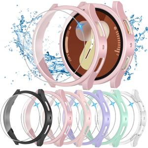 [6+6 Pack for Samsung Galaxy Watch 7 Screen Protector Case 40mm, Anti-Fog Tempered Glass & Hard PC Bumper Cover Set for Galaxy Watch7 40mm Accessories, Waterproof (Black/Clear/Ocean Green/Rose Gold/Pink/Purple)