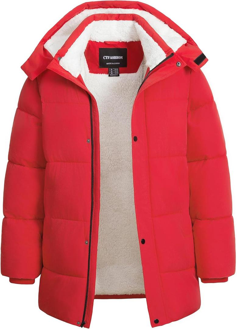 Boys Winter Puffer Jacket Waterproof Hooded Parka Coat with Faux Fur Lining Warm Insulated Outdoor Jacket for Kids (14-16, Red)