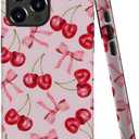 Generic Case for iPhone 16 Pro Max - [Drop Protection Phone Cover] - Hybrid Case for Girl Women - Cherry Ribbon Bow Fruit Pink