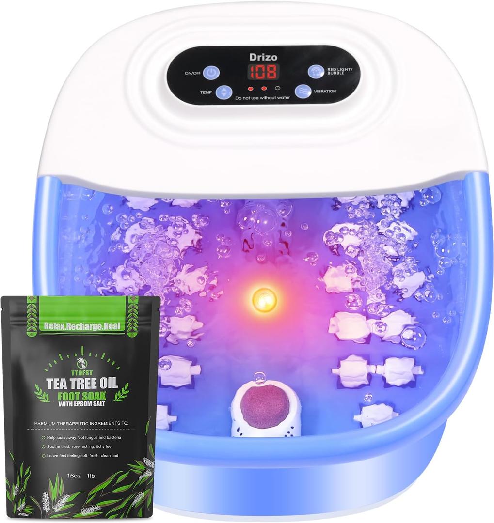 drizo Foot Spa Bath Massager with Heat, Temperature Control, Jets, Vibration, 16 OZ Tea Tree Oil Foot Soak Epsom Salt, Foot Bath Soak Tub with 22 Massage Rollers for Relaxation(2025 Upgraded) (Blue)