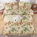 WONGS BEDDING Quilt Set Queen Size, Yellow Botanical Bedspread Bedding Set, 3 Pieces Floral Quilt with 2 Pillowcases, Soft Lightweight Microfiber Coverlet Set for All Season (96"x90")