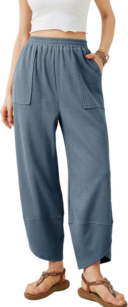 Xiaoxuemeng Womens Baggy Wide Leg Pants Casual Elastic Waisted Palazzo Harem Pants with Pockets (M, Blue)