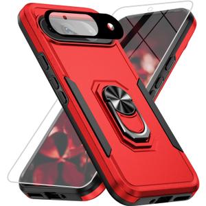 for Google Pixel 9 Case [15 FT Military Grade Drop Protection] with Screen Protector & Lens Protector Heavy-Duty Shockproof Kickstand Case for Pixel 9 (Red)
