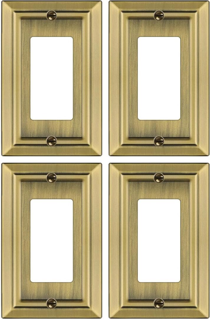 Dyekou Metal Wall Plate for Electrical Outlets, Decorative Antique Brass Switch Plates Outlet Cover, Light Switch Cover Plate, 1-Gang Wall Plates (Single Decoretor, 4 Pack)