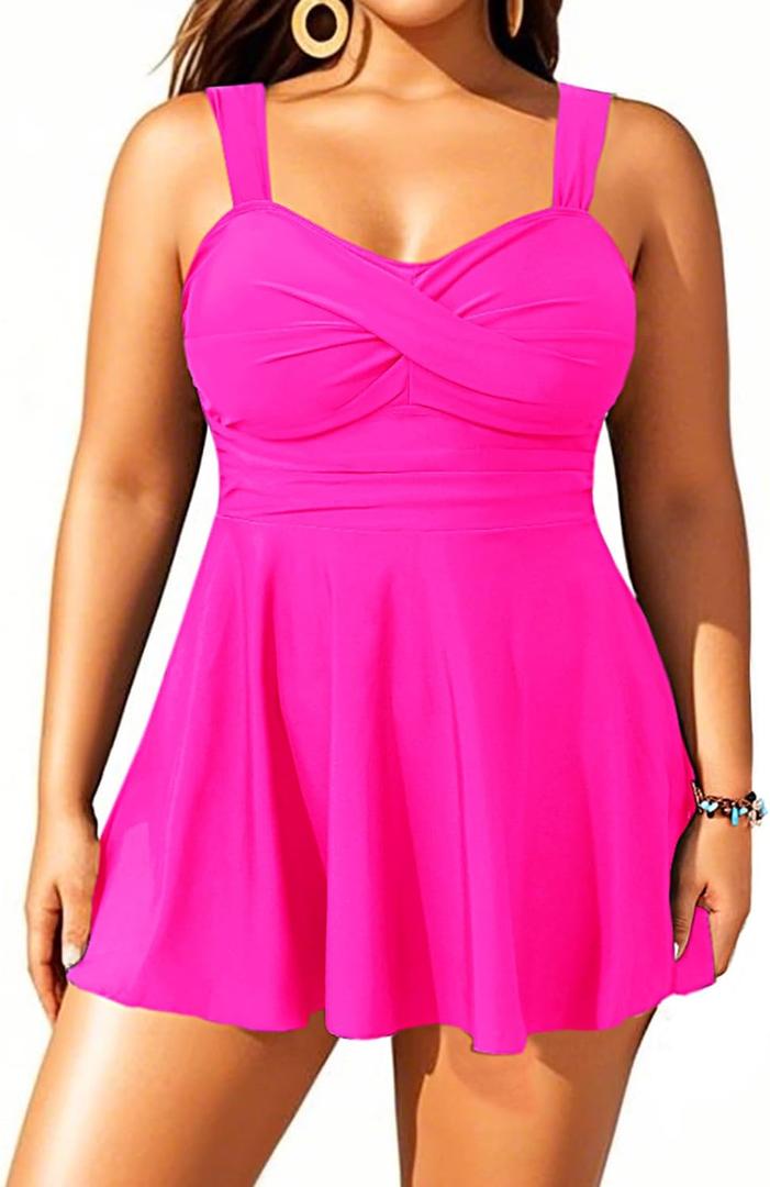 Aqua Eve Plus Size Two Piece Swimsuits for Women Tankini Bathing Suits Flowy Swim Dress with Shorts (Hot Pink, 22W)