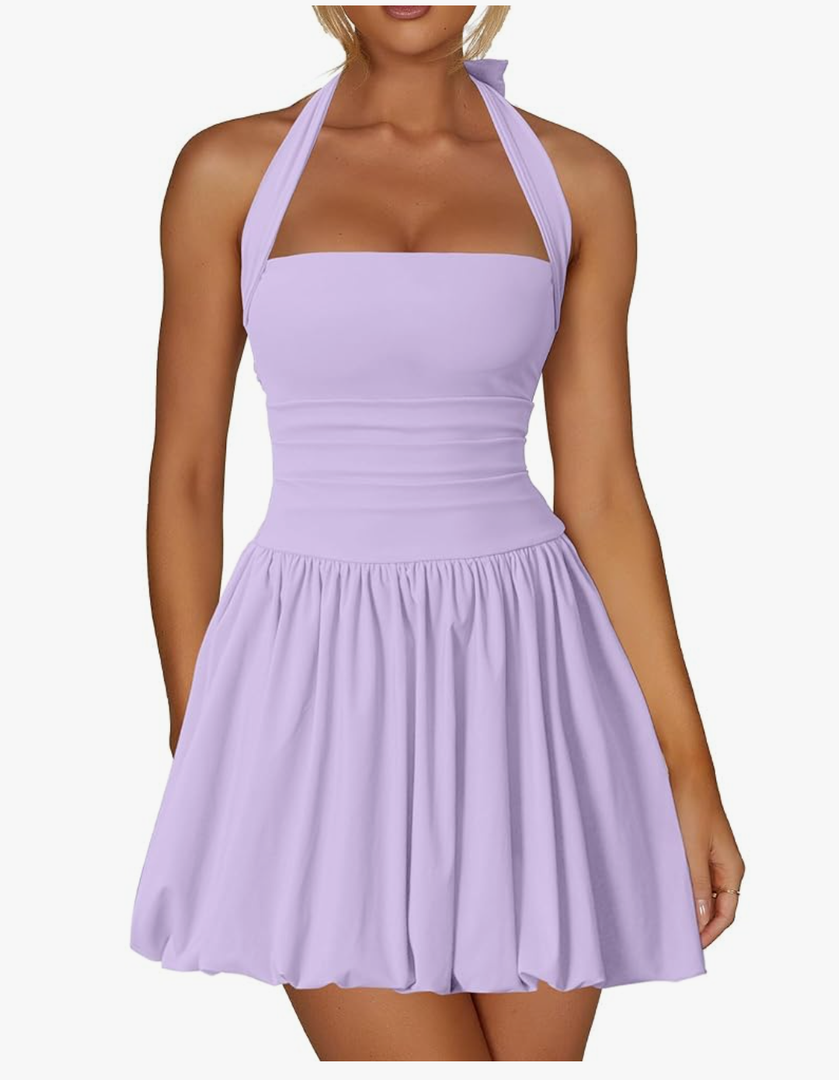 Women's Sexy Halter Corset Mini Dress Bubble Ruched Waist Club Party Dresses with Built-in Shorts Purple, M