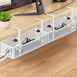 Under Desk Cable Management Tray, GZOKMOG Cord Management with Upgraded Clamp No Drill, Metal Cable Management Box for Home Office, Wire Management for Standing Desk, 2 Pack White, 13.38 inch