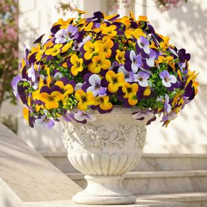 32 Pcs Artificial Pansy Flowers for Outdoors UV Resistant Faux Silk Spring Flowers for Outside, Realistic Pansies for Window, Front Door Porch and Home Decor (32, Purple, Yellow, White, Light Purple)