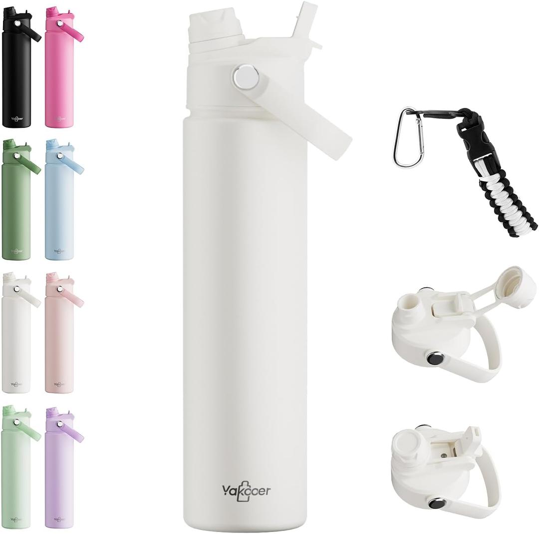 26oz Insulated Water Bottle with 2-in-1 Straw and Spout Lid, 304 Stainless Steel Water Bottle Keep Cold for 24H,Leak-Proof,Sports Water Bottle with Braided Carry Strap for Travel,Outdoors,Cream White