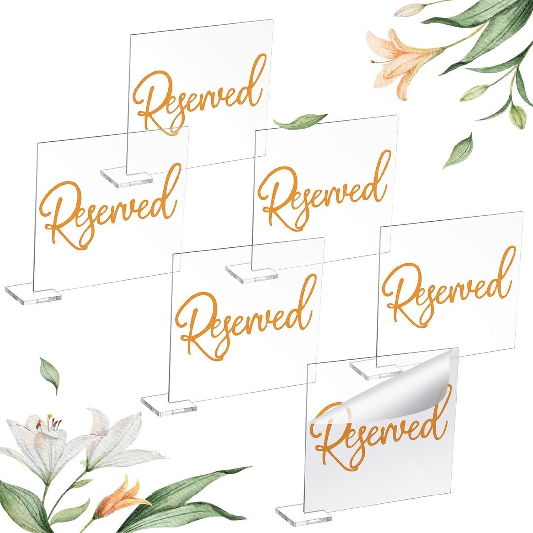 Bucherry 6 Pcs Orange Reserved Table Signs 3.9 x 3.5 for Wedding Clear Acrylic Reserved Seating Signs Stands with Cursive Letters for Table Wedding Reception Party Meeting Restaurant Ceremony