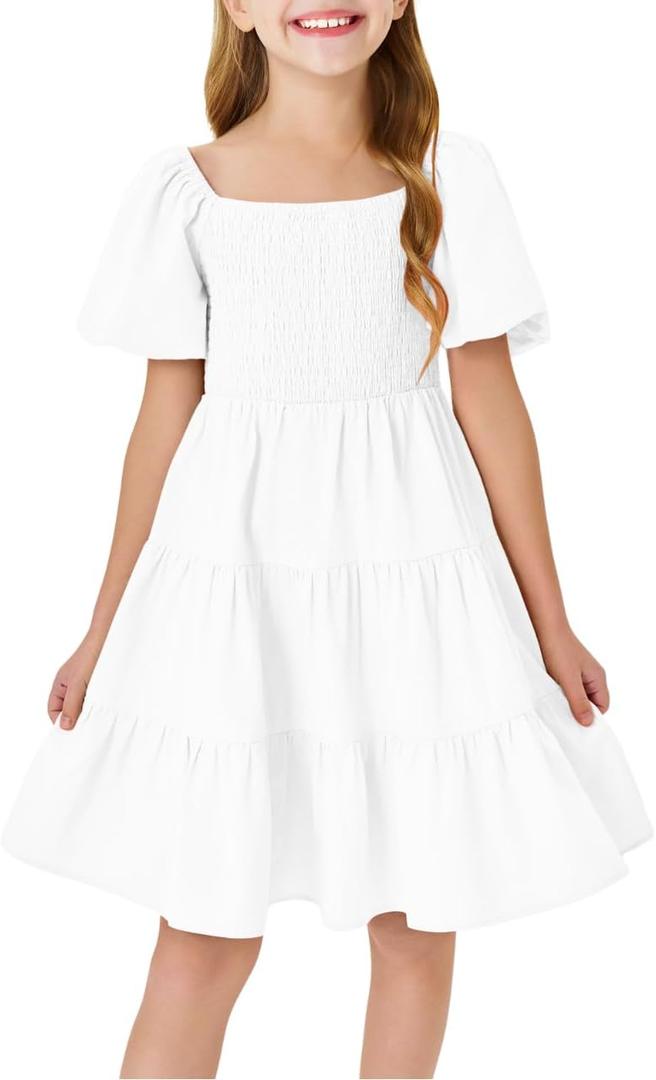 Batermoon Girls Boho Square Neck Puff Sleeve Off Shoulder Smocked Tiered Casual A Line Short Mini Dress, 13-14 Years