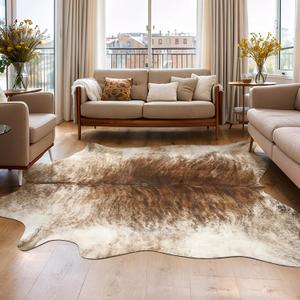 AROGAN Western Decor Faux Fur Cowhide Rug, 4.6 x 5.2 Feet Premium Animal Skin Cow Hide Rug, Sturdy Cow Print Rugs for Wall Decor, Western Floor Carpet for Bedroom Living Room, Brownish