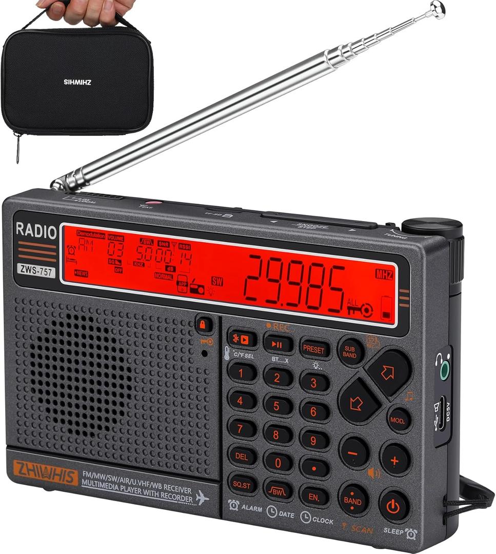 ZHIWHIS Shortwave Radio with APP Control and Antenna Port, AIR AM FM SW UHF VHF WB NOAA Emergency Radios, Flashlight/SOS Alarm/Bluetooth/MicroSD Play/1000Presets/Rechargeable Portable Receiver ZWS-757