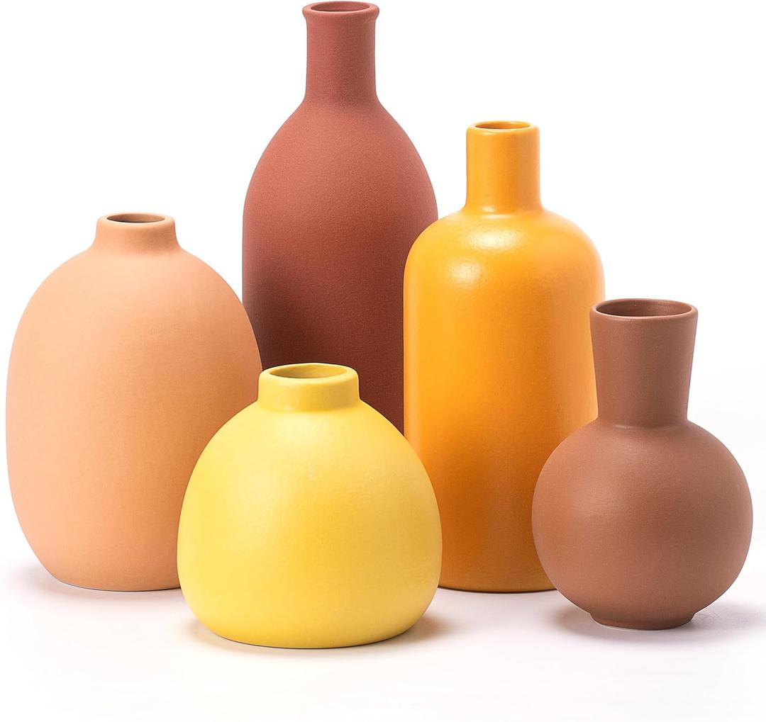 Modern Ceramic Flower Vase Set of 5, Small Flowers Farmhouse Decorative Vases for Bookshelf, Dining Room Coffee Console Table Centerpieces
