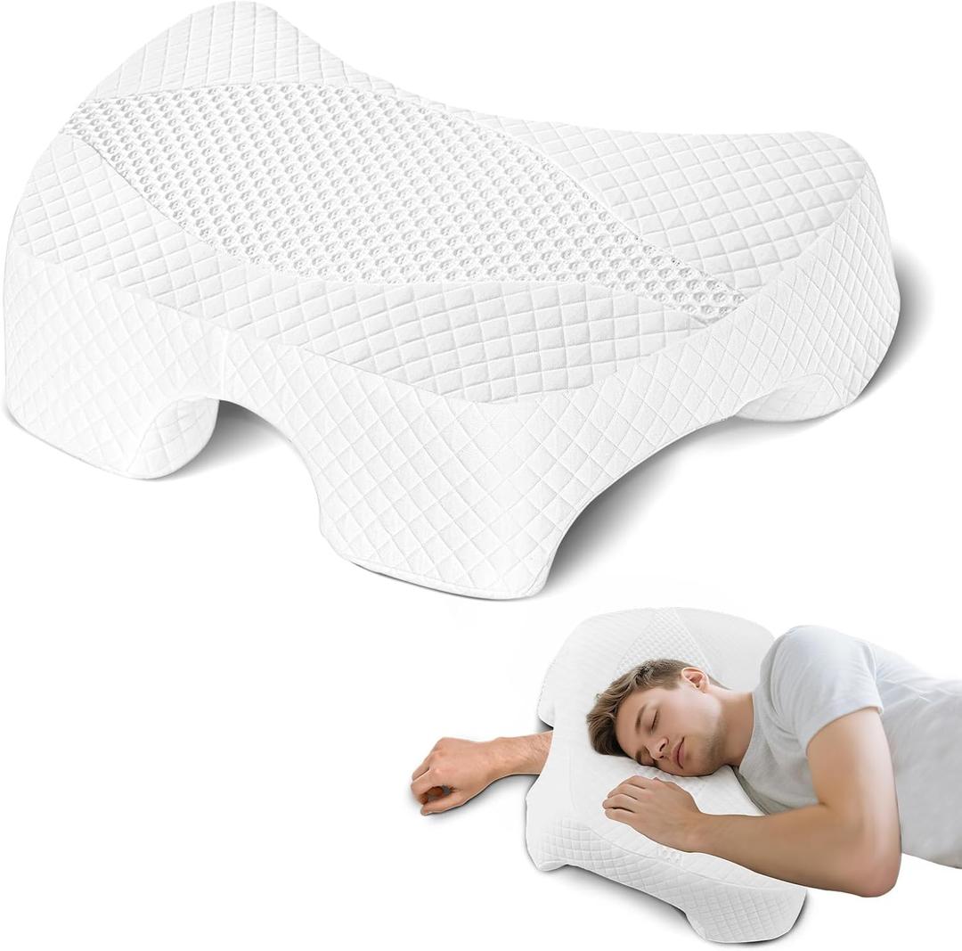 Side Sleeper Pillow with Arm Hole, Shoulder Relief System, Arm Pillow for Neck and Shoulder Pain, Premium Memory Foam, Suitable for Side, Back and Stomach Sleepers - White, 7.1in Height