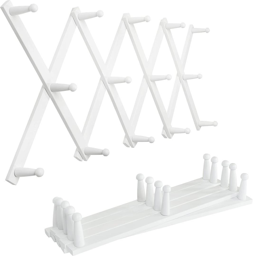 SKOLOO Hat Rack for Wall with 14 Hooks, Pack of 2, Solid Wooden, Modern, Expandable Coat Rack Wall Mount for Coats, Hats, Bags, Baseball Caps, White