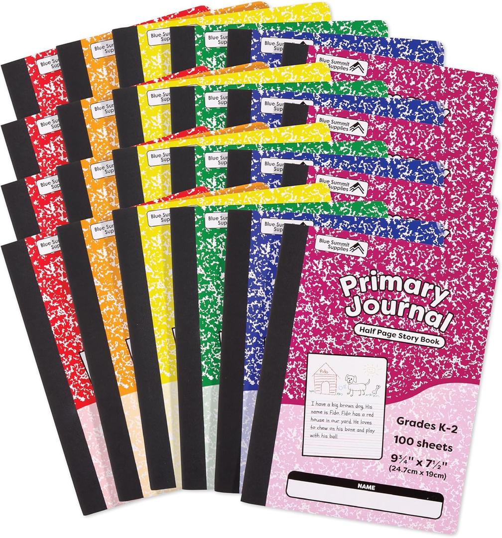 Blue Summit Writing Journals For Kids, Primary Composition Notebook K-2, Kindergarten Notebook For Kids to Learn to Write, 100 Sheets, Pack of 24, Assorted Colors