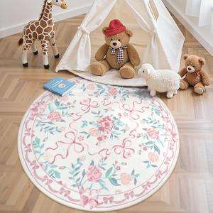 Collive Pink Bow Round Rugs for Girls, 4ft Floral Washable Circle Rug for Bedroom, Cute Ultra-Thin Non Slip Indoor Decor Carpet for Nursery Kids Room Playroom Living Room
