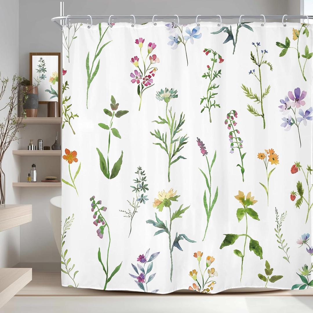 Riyidecor Wildflower Shower Curtain 60Wx72H Inch Watercolor Botanical Floral Flowers Green Leaves Plant Nature Botany for Girls Women Cute Bathroom Decor Fabric Polyester Waterproof 12 Pack Hooks