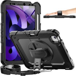 Timecity Case for iPad Air 5th Generation 2022/ for iPad Air 4th Generation 2020-10.9 inch, Durable Sturdy Protection Case with Pencil Holder Screen Protector [360 Rotating Stand] Hand Strap- Black