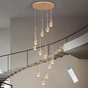 Foyer Crystal Chandelier 12-Lights High Ceiling Large Spiral Raindrop Pendant Lighting,Bubble Staircase Living Room Entryway Hanging Light Fixture Flush Mount W19.7 xH138 Gold